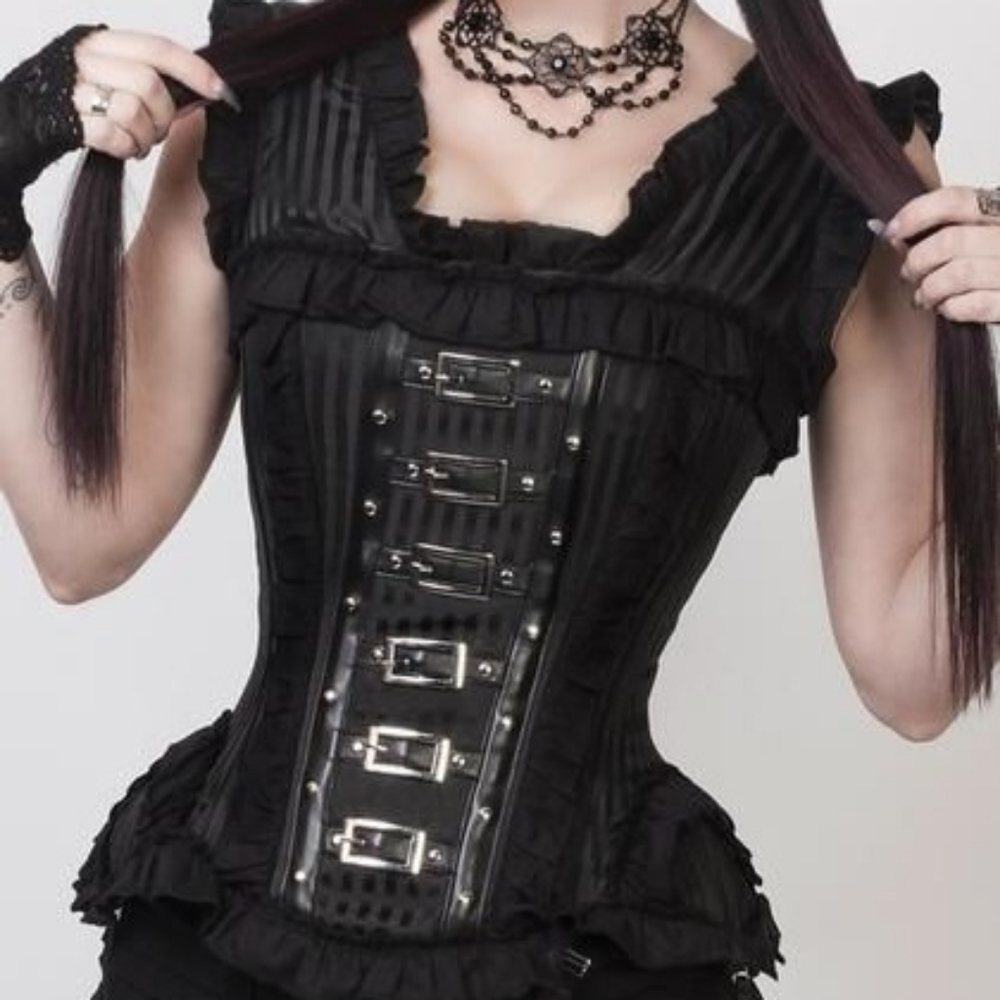 Gothic Black Brocade Victorian Inspired Overbust Corset with Straps